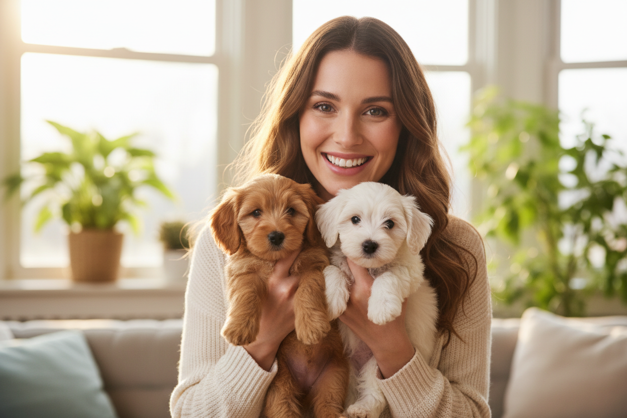CREATE A BACKGROUD IMAGE WHERE THERE IS A WOMAN WITH 2 PUPPIES IN HER HAND THAT IS HAPPY. 